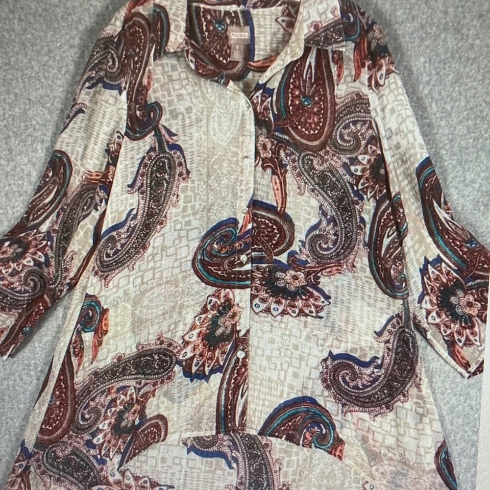 Chico's Long-Sleeve Paisley Button-Down Shirt in Cream, Brown and Blue